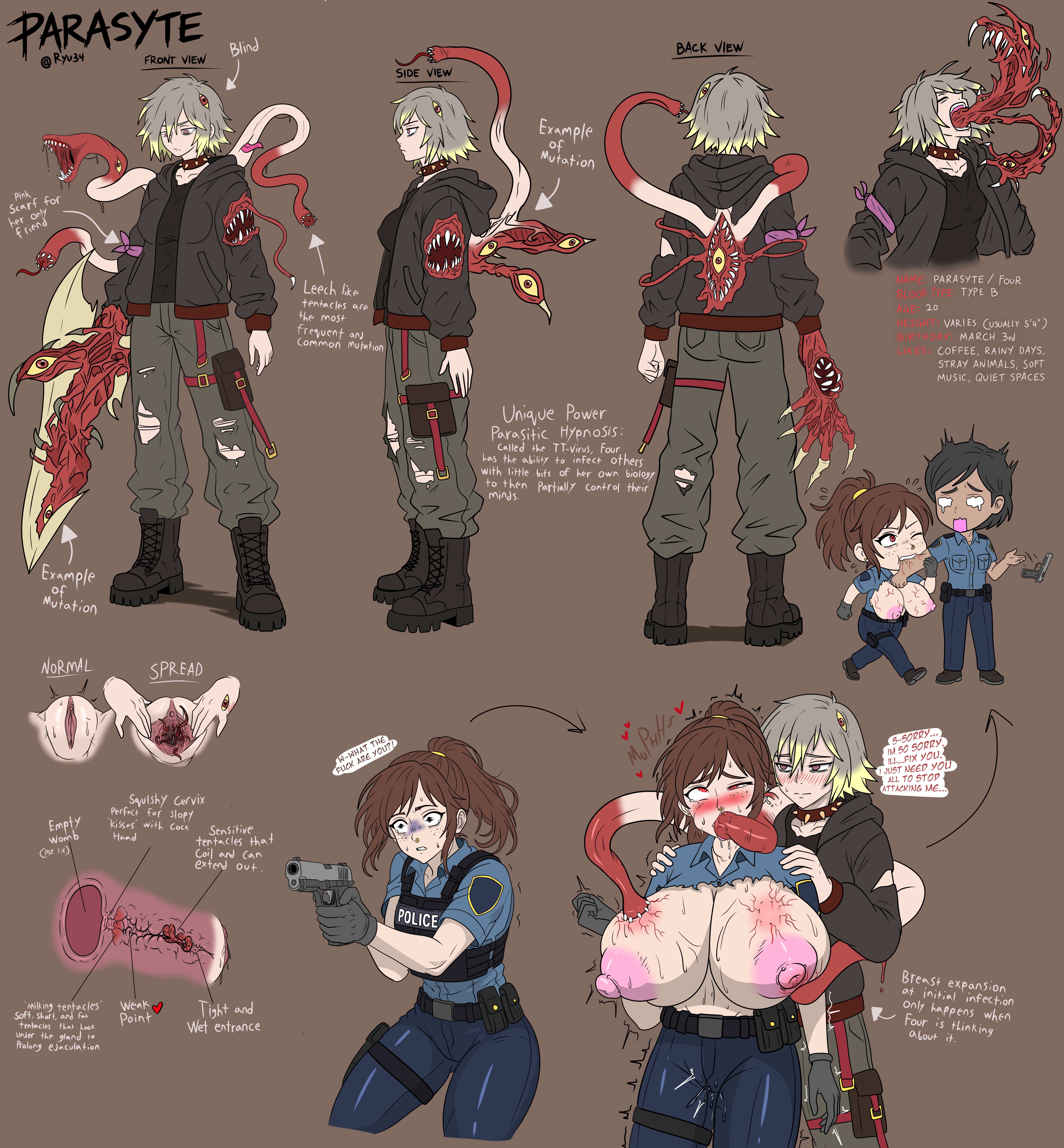 1girls, big breasts, bite, bite mark, blind, blush, body horror, breast expansion, breasts, breasts out, character profile, cop, english text, female, four(ryu34), from behind, hoodie, huge breasts, hyper breasts, infected, medium breasts, monster, monster girl, oc, open mouth, oral, parasite, penetration, police, police uniform, policewoman, pussy, pussy chart, pussy juice, reference sheet, regret, ryu34, shapeshifter, smaller female, spread legs, superheroine, uterus, wide eyed, wide hips, writing, xray view, yuri, zombie, zombie girl