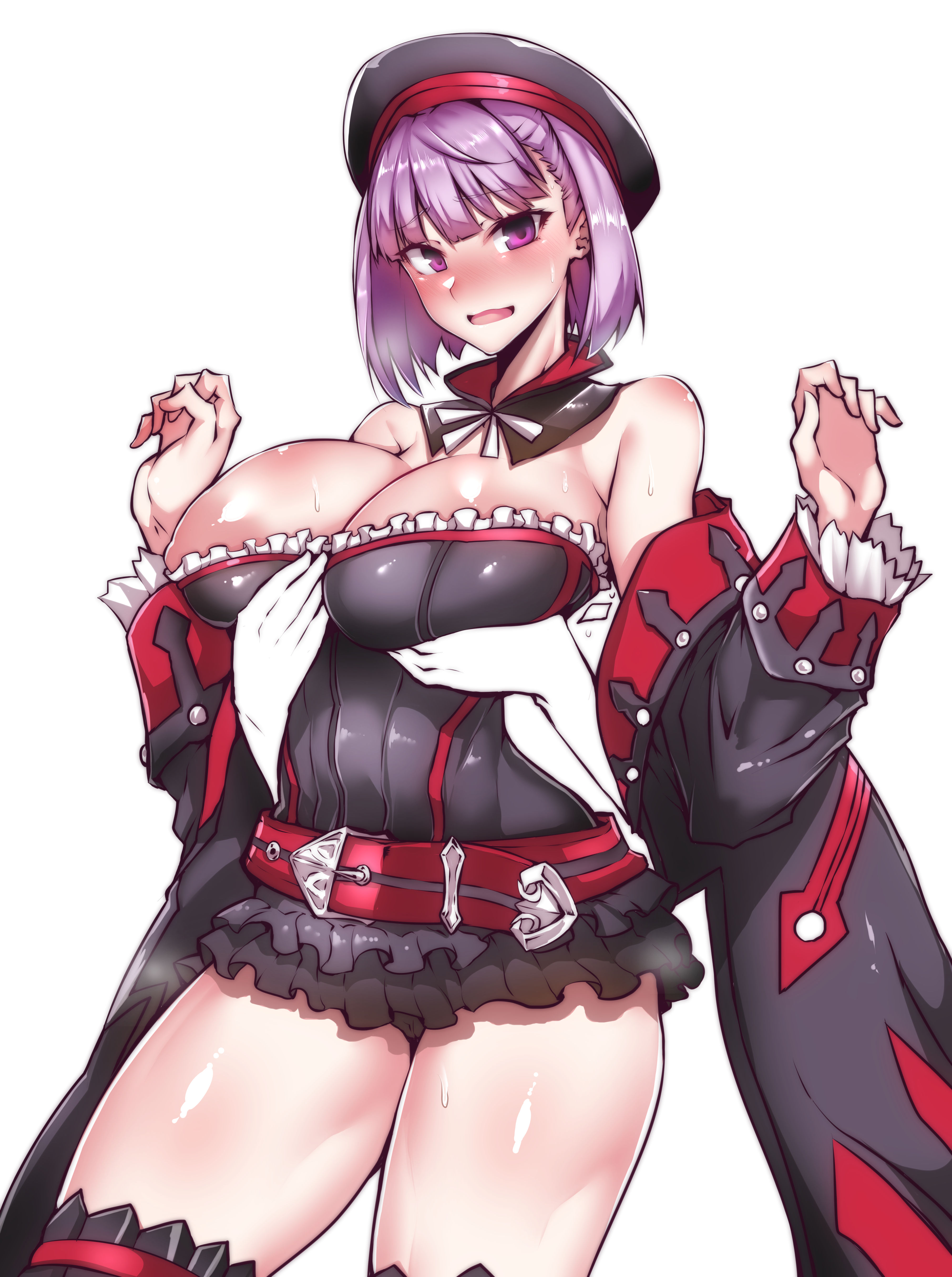 :d, 1girls, alternative bust size, bare shoulders, belt, beret, black lan, blush, breasts, cleavage, fate (series), fate/grand order, female, frills, gggg, groping, hat, helena blavatsky (fate), high resolution, jacket, large breasts, off shoulder, open mouth, purple eyes, purple hair, short hair, simple background, smile, solo, sweat, thighhighs, very high resolution, white background