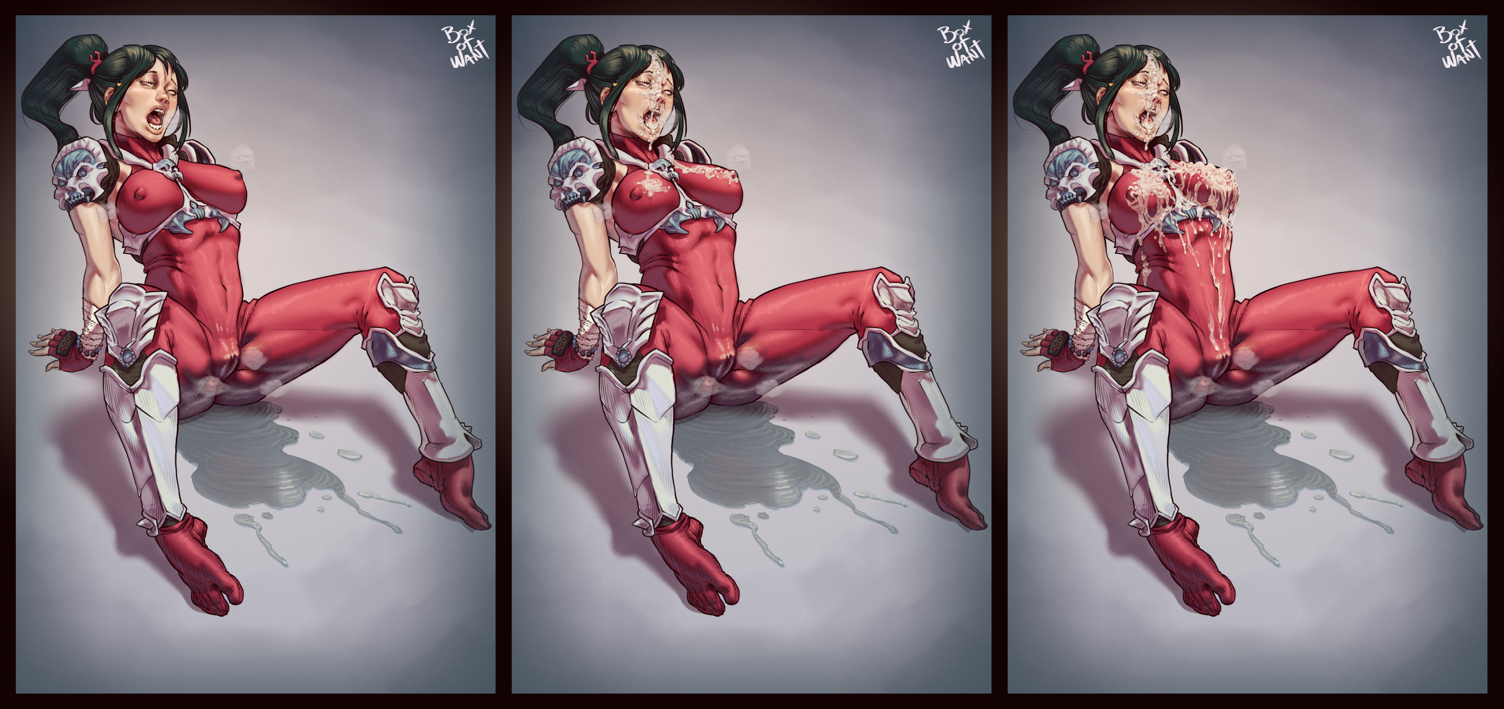 after sex, boxofwant, breasts, bukkake, cameltoe, cum in mouth, cum on body, cum on breasts, cum on upper body, erect nipples, erect nipples under clothes, female, frame, high resolution, nipples, open mouth, panels, pussy, sequence, sequential, sitting on ground, skin tight, soul calibur, taki (soulcalibur), wet
