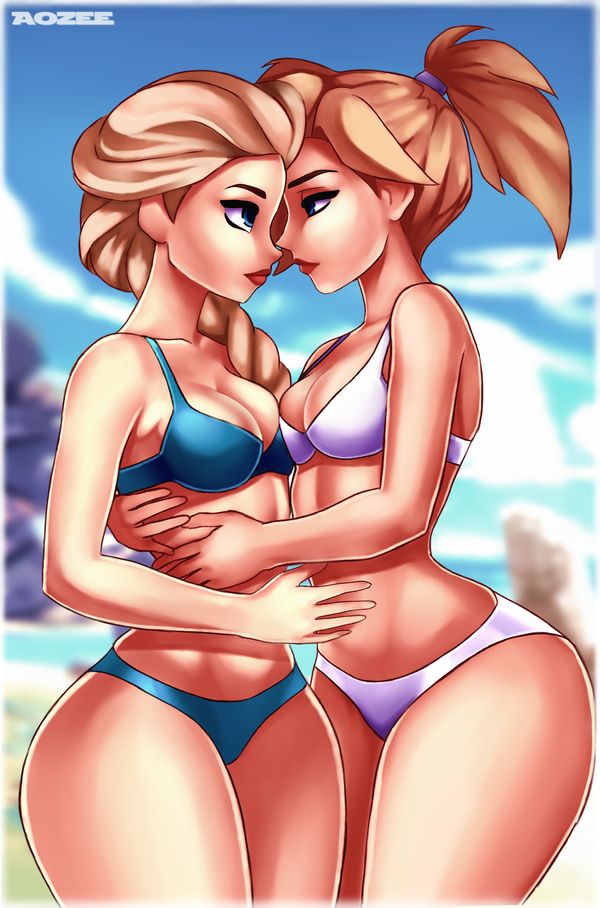 aozee, blizzard entertainment, blonde hair, blue eyes, breasts, cleavage, crossover, curvy, disney, elsa (frozen), female, female only, frozen (film), looking at another, medium breasts, mercy, overwatch, panties, ponytail, thick, wide hips