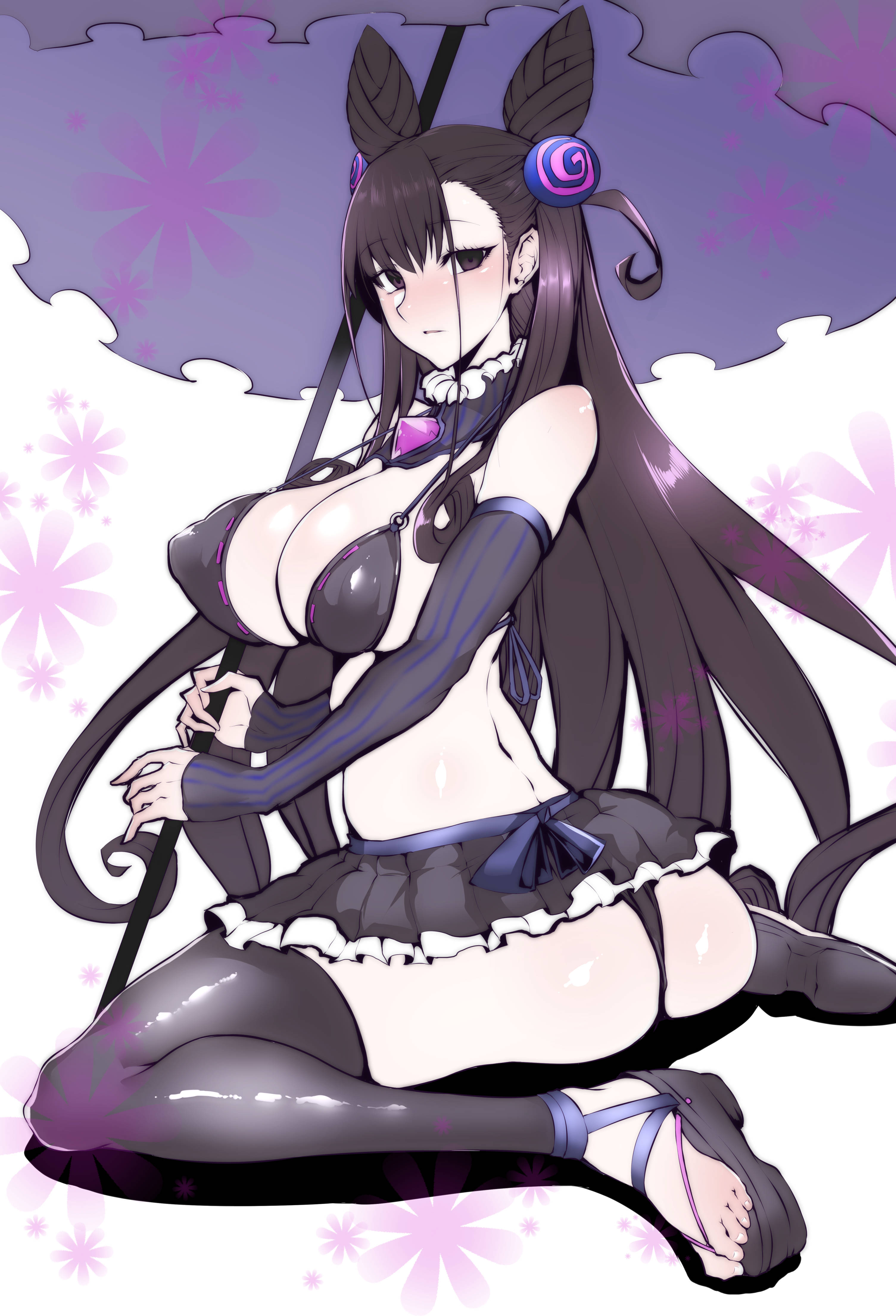 1girls, ass, back, bangs, bikini, black bikini, black eyes, black hair, black legwear, black swimsuit, blush, breasts, cleavage, double bun, elbow gloves, eyebrows visible through hair, fate (series), fate/grand order, female, female ass, frilled umbrella, gggg, gloves, hair ornament, high resolution, holding umbrella, large breasts, long hair, looking at viewer, murasaki shikibu (fate), parted lips, pleated skirt, sandals, sitting, skirt, solo, swimsuit, thighhighs, thighs, umbrella, very high resolution, very long hair, wariza