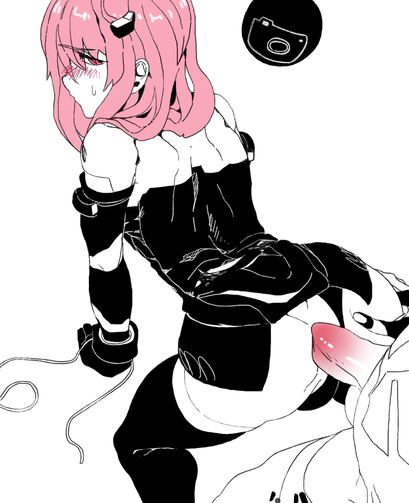 2boys, anal, ass, clothed sex, dizzyspells, femboy, girly, hand on ass, kneeling, long hair, male, monochrome, panties aside, penis, pink hair, renren (dizzyspells), taken from behind, white background, yaoi