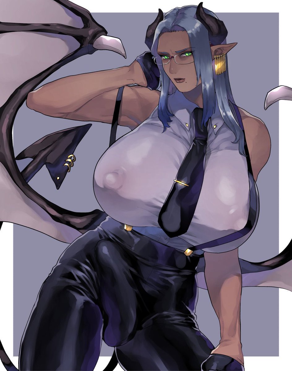 1futa areolae ball_bulge balls balls_under_clothes beauty_mark breasts bulge cameltail curvy dark_skin demon demon_ears demon_girl demon_horns demon_tail demon_wings demoness earrings erect_nipples erection erection_under_clothes futa_only futa_sans_pussy futanari huge_breasts intersex large_penis looking_at_viewer mogiki_hayami necktie nipple_bulge nipples pants penis penis_bulge penis_under_clothes solo succubus suspenders wings