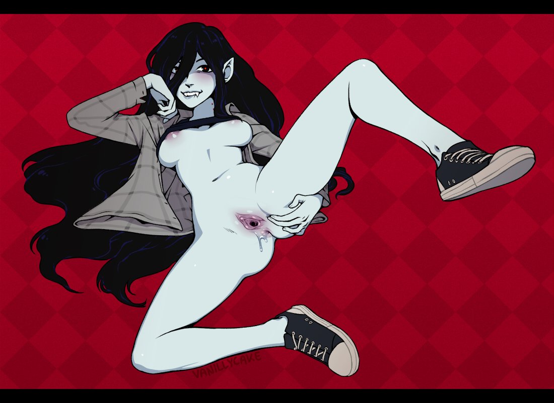 adventure time, areolae, barefoot, black hair, breasts, clitoris, feet, female, female only, goth, long hair, looking at viewer, lying, marceline, medium breasts, navel, nipples, oerba yun fang, on back, pussy, red eyes, shirt, shoes, smile, sneakers, solo, solo female, spread legs, spread vagina, spreading, thighs, vampire, vanilly, wet pussy