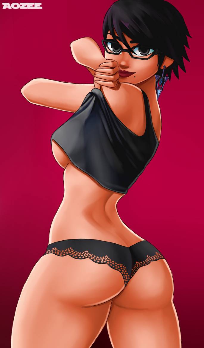 1girls aozee ass bayonetta bayonetta_(character) bayonetta_2 big_ass black_panties curvaceous curvy earrings female_only glasses looking_at_viewer nintendo panties red_background short_hair sideboob thick thick_thighs thong wide_hips