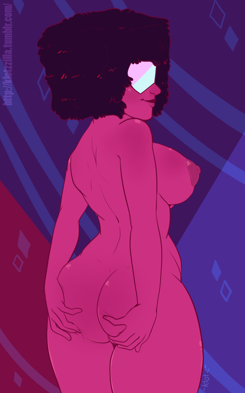 abstract_background breasts cowboy_shot female female_only garnet_(steven_universe) gem_(species) gem_fusion goggles huge_breasts nude purple_skin self_ass_grab shadowpelt smile solo solo_female steven_universe thick_thighs thighs