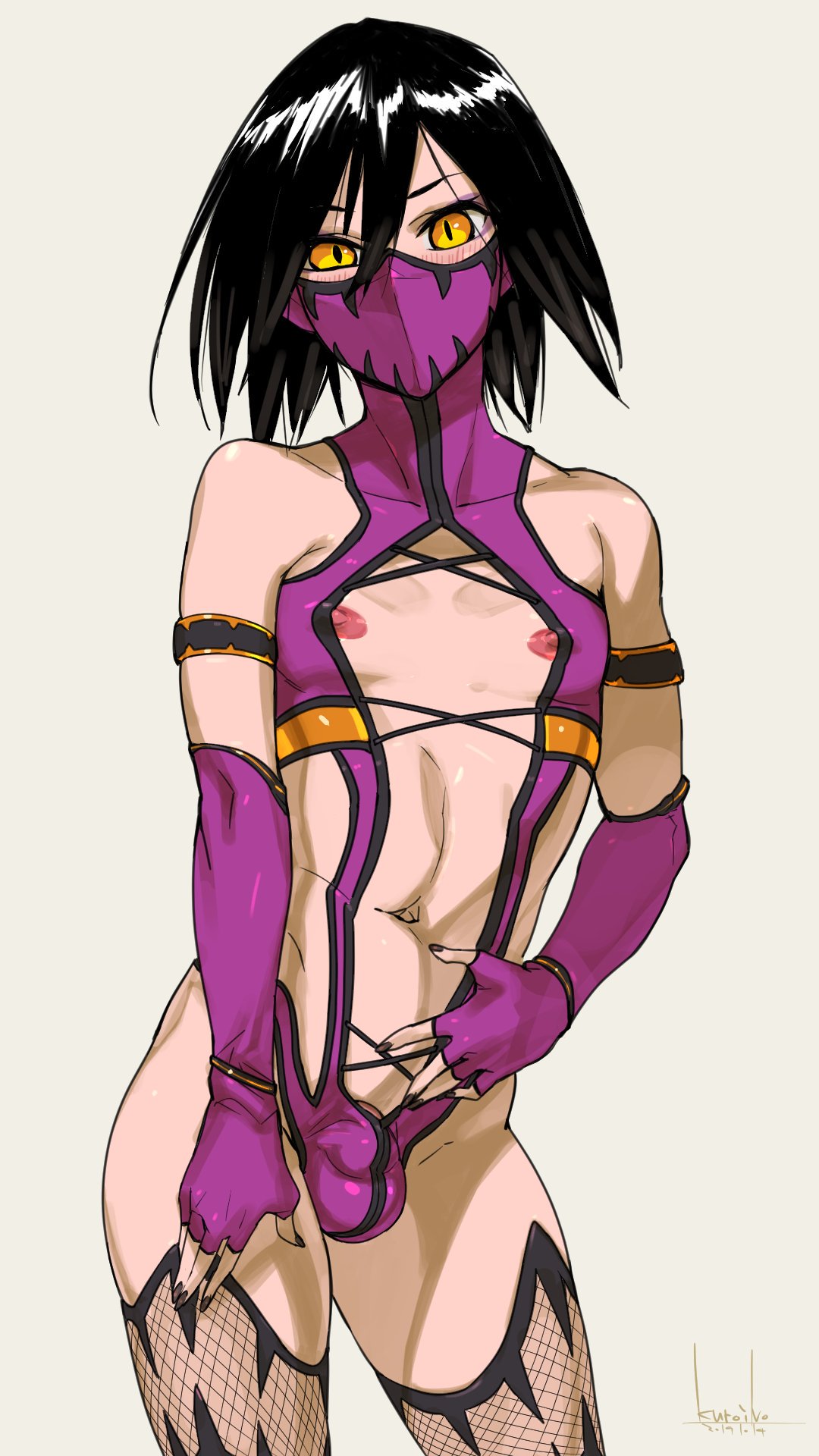 1boy 2d bulge femboy genderswap_(ftm) girly kuroino_(0kuro8ino6) legwear looking_at_viewer male male_only mileena mortal_kombat mortal_kombat_(2011) rule_63 solo thighhighs trap