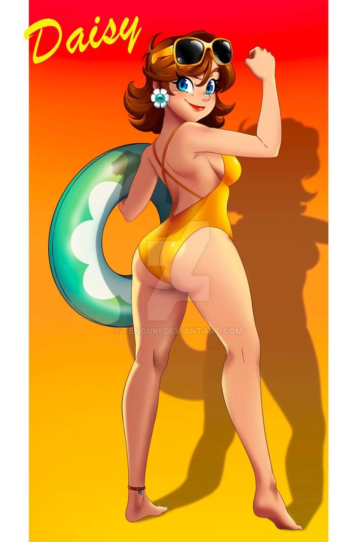 1girls, ass, big ass, blue eyes, breasts, brown hair, curvaceous, curvy, female, female only, full body, looking at viewer, looking back, mario (series), nintendo, one-piece swimsuit, princess daisy, short hair, sideboob, smile, solo, standing, swimsuit, tenguki, thick, wide hips, yellow swimsuit