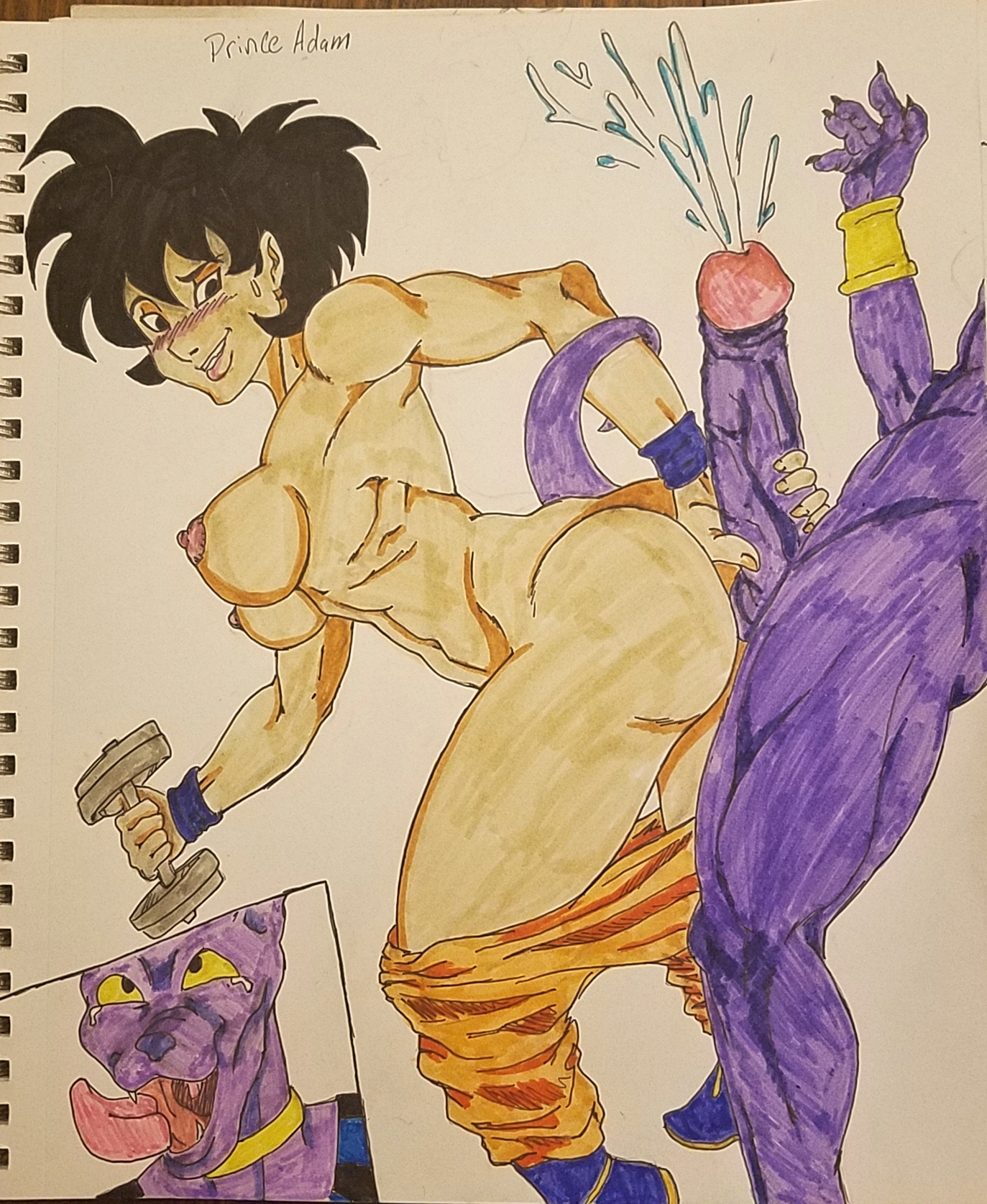 1boy, 1girls, ass, balls, beerus, bent over, big breasts, big penis, black eyes, black hair, blush, bottomless, breasts, cum, cumming, cumshot, dark hair, doggy style, dragon ball, dragon ball super, female, female goku, from behind, god of destruction, hand on penis, handjob, holding penis, huge cock, huge penis, interspecies, large breasts, large penis, long penis, looking back, male, naked, nipples, nude, pants down, penis, penis grab, princeadam, purple skin, rule 63, saiyan, sex, son goku, sweatdrop, tail, testicles, thick penis, topless, traditional media (artwork), uncensored, veiny penis, weightlifting, weights, working out