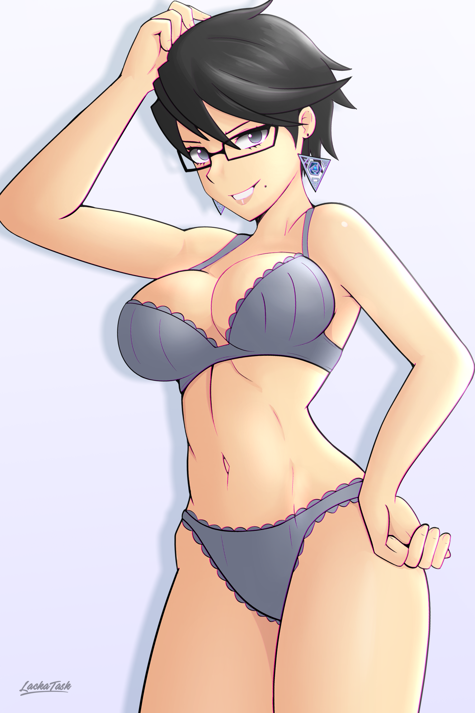 1girls, artist name, bayonetta, bayonetta (character), bayonetta 2, beauty mark, big breasts, black hair, bra, breasts, clothing, curvy, female, female only, glasses, grey bra, grey panties, hair, lackatask, legs together, matching underwear, panties, short hair, smile, solo, video games, watermark, wide hips, witch