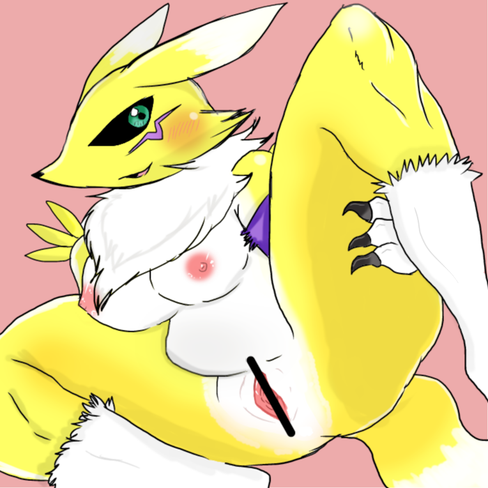 anthro black_sclera blush censored claws denbukuro digimon female fur_tuft green_eyes large_breasts open_mouth pink_background renamon solo spread_legs tail thick_thighs vagina yellow_fur