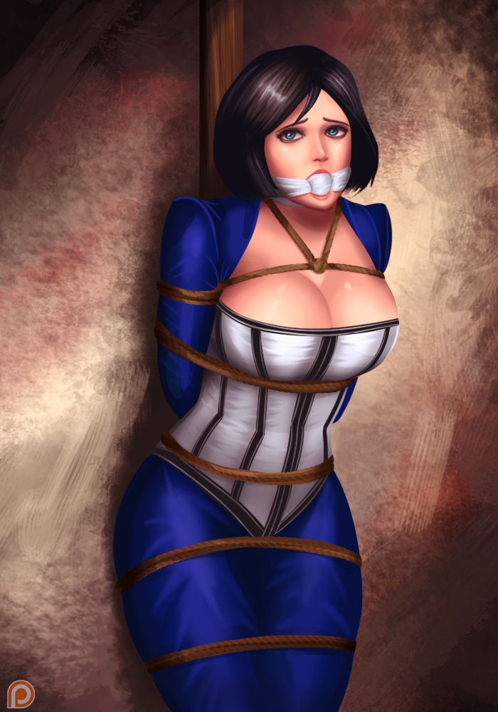 1girls, 2d, big breasts, bioshock, bioshock infinite, black hair, blue dress, blue eyes, bondage, breasts, busty, captured, cleavage, cleave gag, cloth gag, corset, dress, elizabeth comstock, eyeshadow, female, female only, femsub, full cleavage, gag, human, large breasts, lipstick, makeup, mascara, peril, pinup, pole, restrained, rope, rope bondage, short hair, solo, svoidist, tied to pole, tied up, white dress