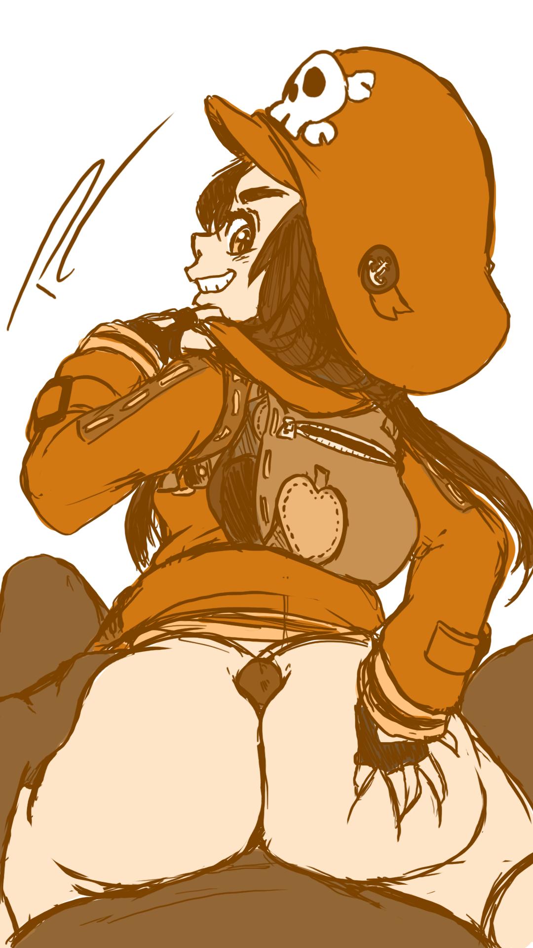 ass, assjob, big ass, brown hair, brown theme, buttjob, covered assjob, covered buttjob, dark skin, dark-skinned male, fakeryway, female, guilty gear, guilty gear strive, hat, huge ass, looking back, male, may (guilty gear), penis, pleasure castle, smile