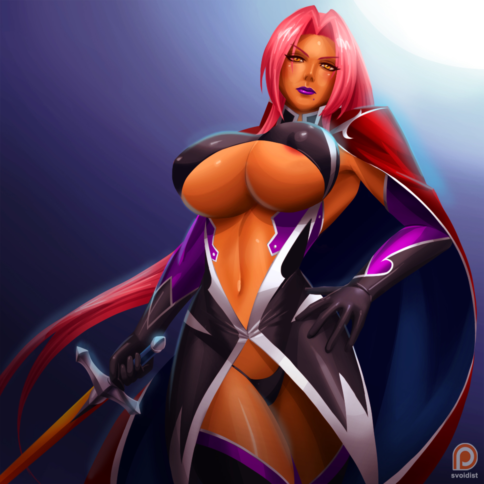 1girls, absurdly long hair, big breasts, black bra, black gloves, black panties, black thong, blue cape, bra, breasts, busty, cape, eye contact, female, female only, from below, gloves, holding sword, holding weapon, huge breasts, ingrid (taimanin asagi), large breasts, lipstick, long hair, looking at viewer, looking down, looking down at viewer, nipple bulge, nipples, orange eyes, orange skin, panties, partially visible nipples, pink hair, pinup, purple lips, purple lipstick, red cape, solo, standing, svoidist, sword, taimanin (series), taimanin murasaki, thick thighs, thighhighs, thighs, thong, underboob, weapon