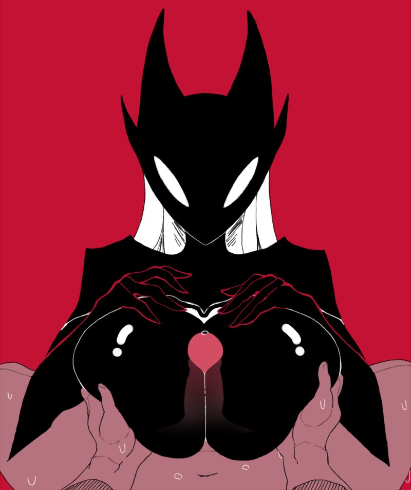 black skin, breasts, dizzyspells, female, flat colors, hands on breasts, huge breasts, male, monster girl, nude, paizuri, penis, penis between breasts, pov, red background, sex, transparent body
