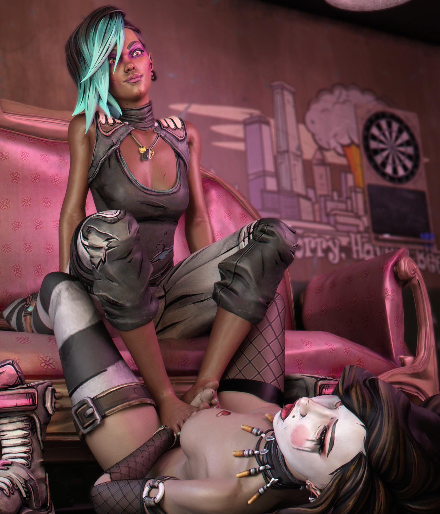 2futas, 3d, balls, barefoot, borderlands, borderlands 3, breasts, dark skin, dark-skinned futa, dawadd, dickgirl, erection, facepaint, feet, foot fetish, footjob, futa on futa, futa only, futanari, futasub, heart tattoo, interracial, intersex, lorelei (borderlands), mad moxxi, multicolored hair, penis, tattoo, testicles, toes