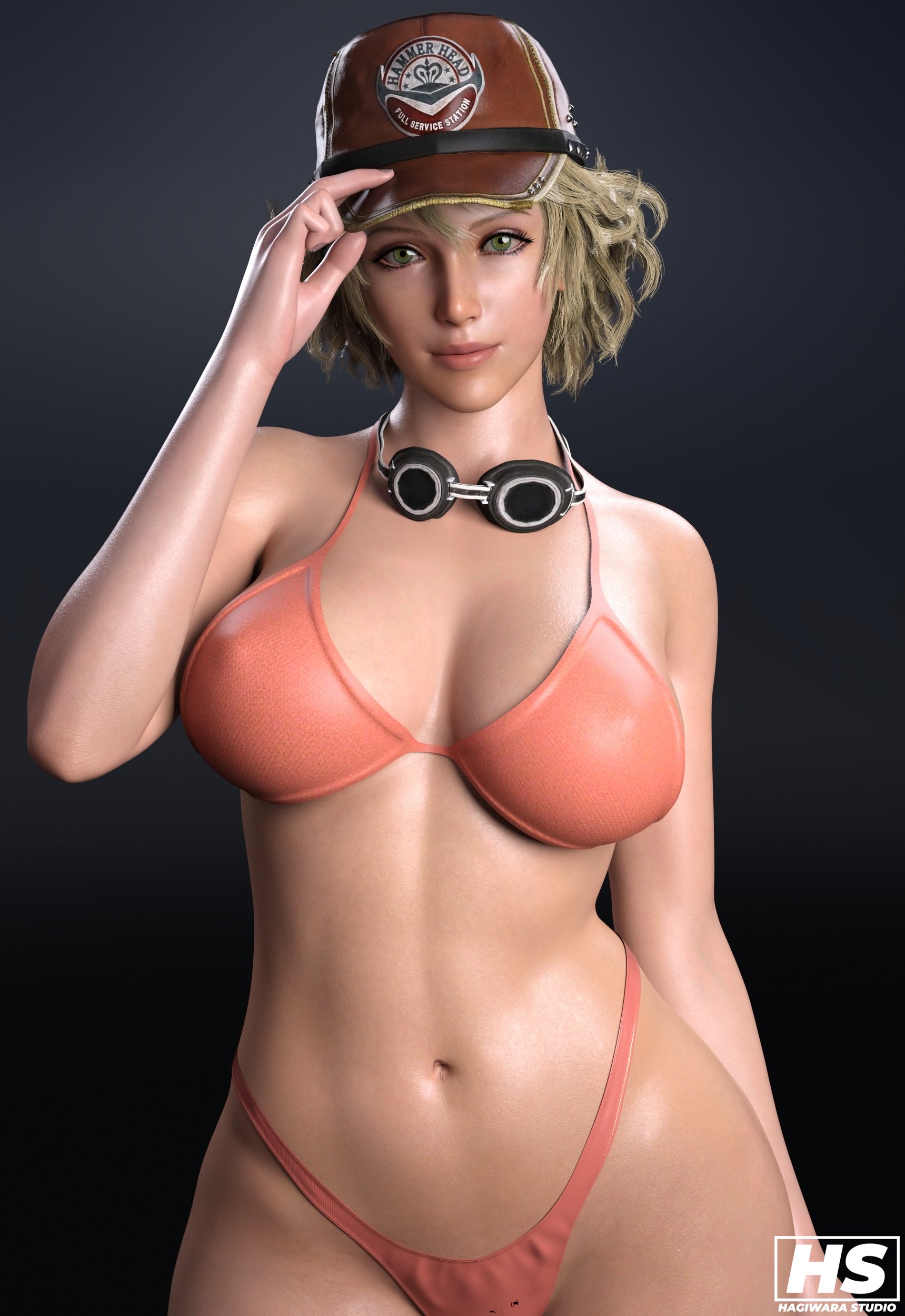 1girls, 3d, big breasts, bikini, blonde female, blonde hair, breasts, cindy aurum, female, female only, final fantasy, final fantasy xv, green eyes, hagiwara studio, hat, short hair, solo, swimsuit