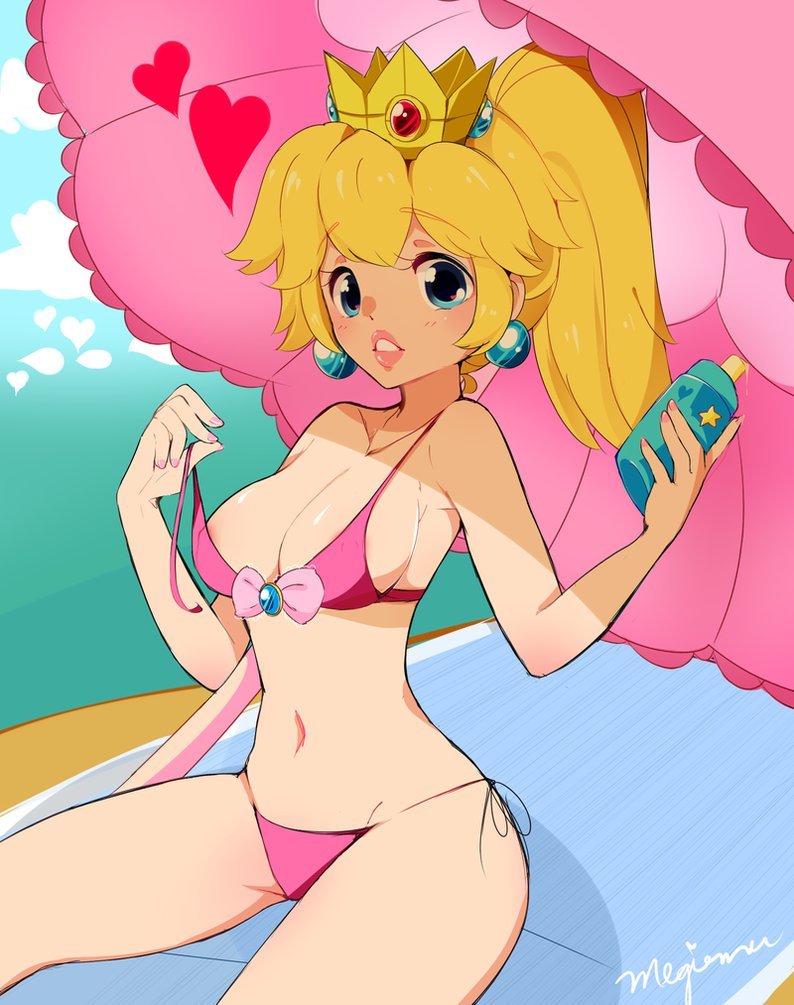 1girls, bikini, blonde hair, blue eyes, blush, breasts, cleavage, curvy, female, female only, looking at viewer, mario (series), megiemu, nintendo, outdoors, pink bikini, ponytail, princess peach, sitting, solo, sunscreen, swimsuit, thick, tied hair, towel, umbrella, video games, wide hips