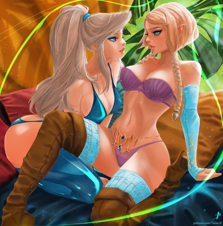 2girls, blonde hair, blue eyes, breasts, cleavage, curvy, female, female only, looking at another, metroid, nintendo, panties, ponytail, princess zelda, samus aran, sitting, skyward sword, tattiart, the legend of zelda, thick, video games, wide hips, yuri, zelda (skyward sword)