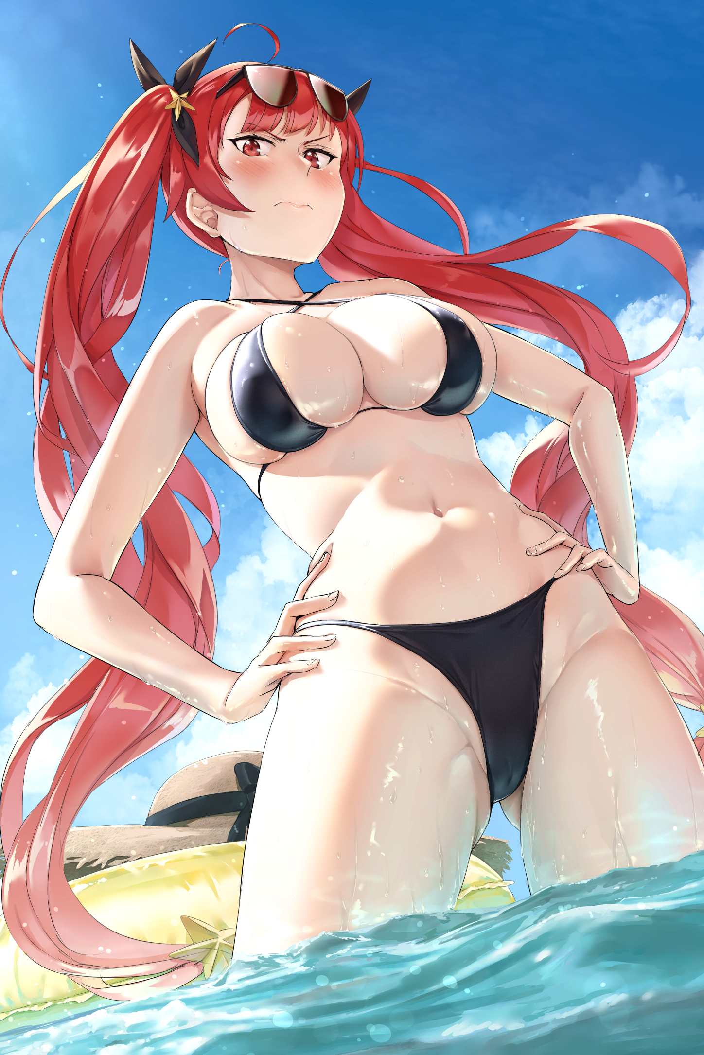 1girls, akita hika, azur lane, big breasts, bikini, blush, breasts, cleavage, eagle union (azur lane), female, female only, honolulu (azur lane), honolulu (summer accident?!) (azur lane), large breasts, light skin, light-skinned female, looking at viewer, solo