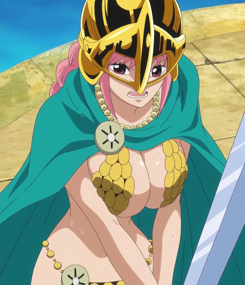 1girls, big breasts, bikini armor, braid, breasts, cape, cleavage, female, female focus, female only, helmet, huge breasts, one piece, outdoors, pink hair, pink-haired female, rebecca (one piece), screencap, screenshot, solo, solo female, stitched, sweat, sweatdrop, sword, thin waist, third-party edit, water, weapon