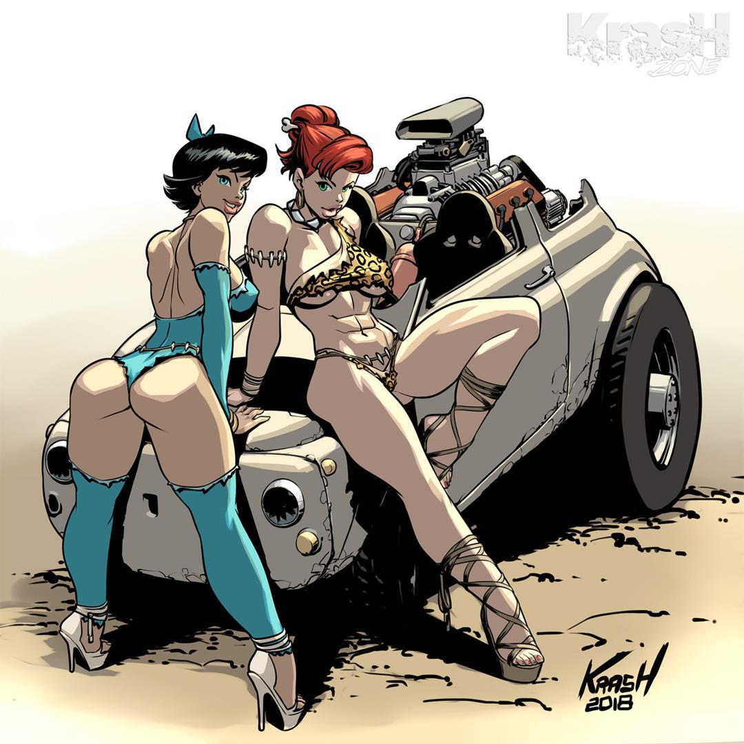 2018 2girls abs ass betty_rubble bikini black_hair bone bow car cleavage earrings engine feet hanna-barbera heels high_heels hoop_earrings jewelry kras krashzone lipstick looking_at_viewer looking_back necklace open-toe_heels orange_hair painted_nails painted_toenails pinup red_hair redhead sideboob stone_age the_flintstones thighhighs underboob vehicle wilma_flintstone