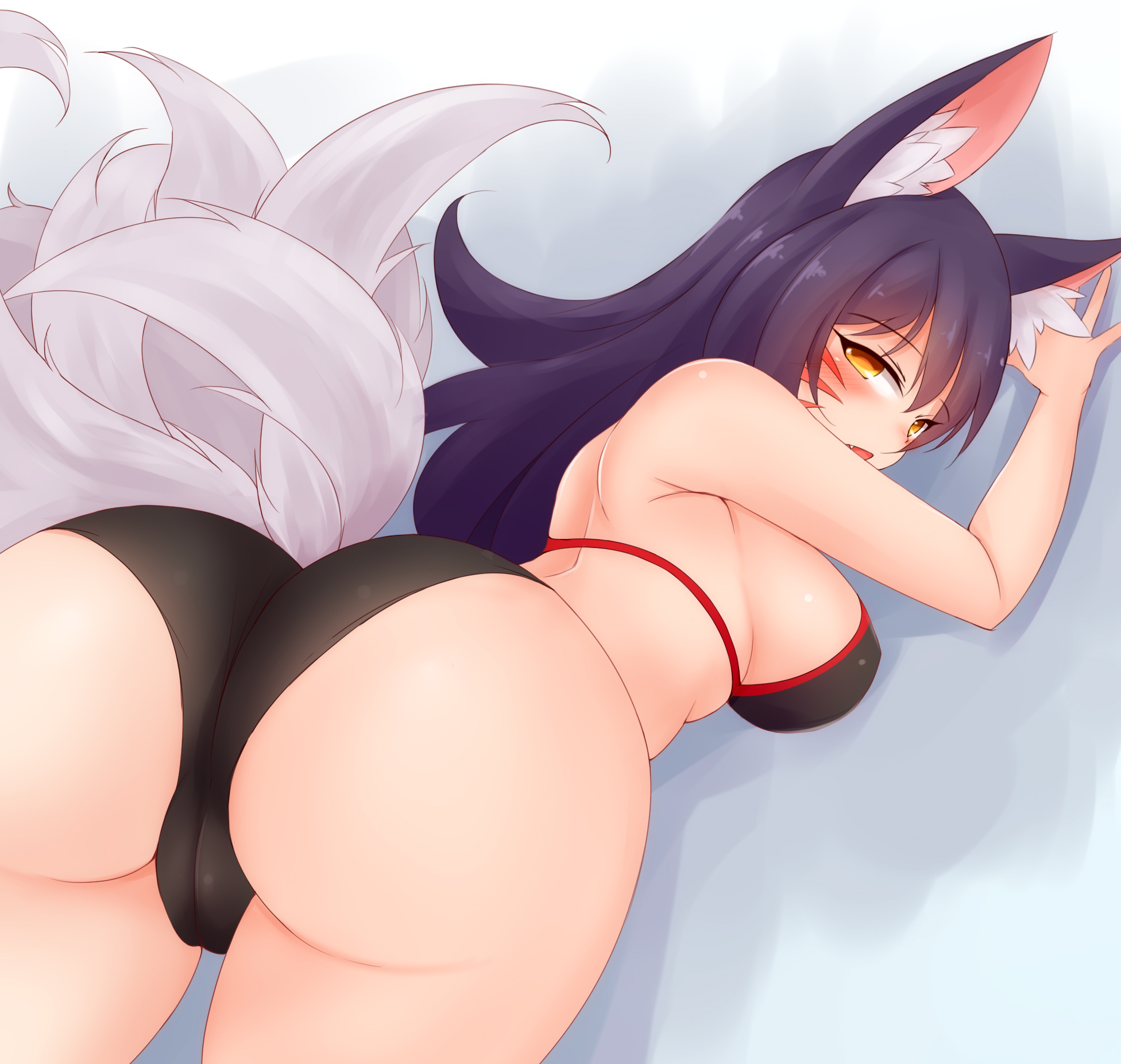 1girls, ahri, ass, ass focus, ayatori, beach, bent over, big ass, big breasts, bikini, blush, breasts, bubble ass, bubble butt, female, fox, fox ears, fox girl, fox tail, highres, large ass, league of legends, looking at viewer, sideboob, solo, swimsuit