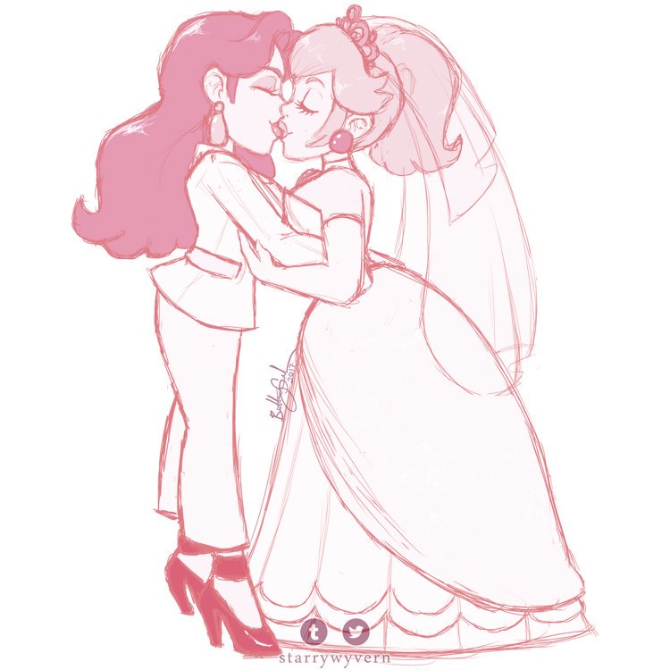 2girls bridal_gown bridal_veil closed_eyes clothed clothing duo earrings female female_only heels high_heels kissing long_hair mario_(series) nintendo pauline princess_peach sketch source_request starrywyvern super_mario_odyssey tiara wedding_dress wedding_peach_(super_mario_odyssey) yuri