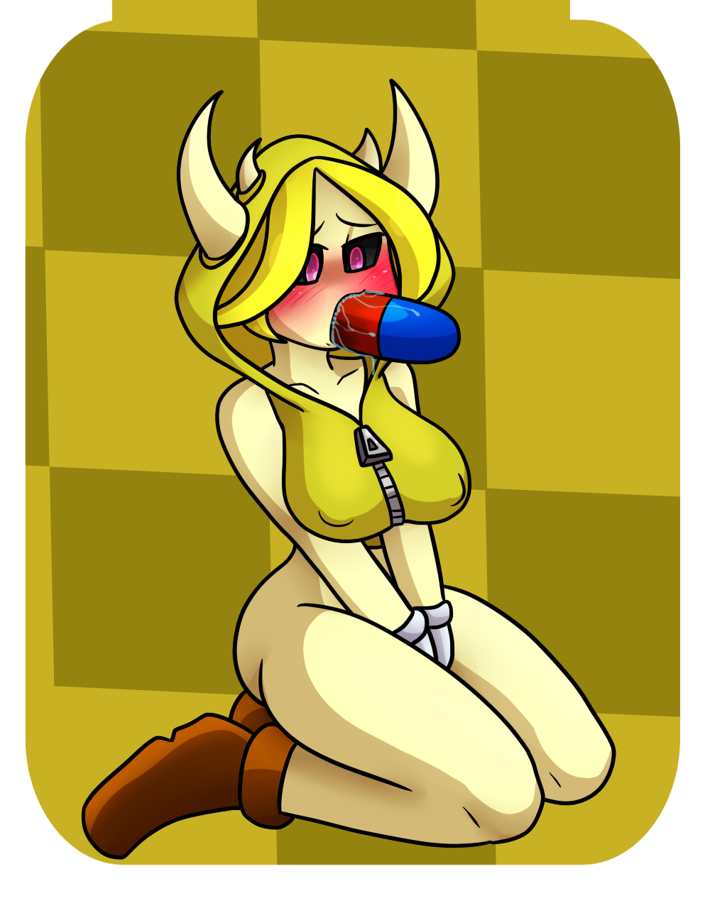 ass blush bodily_fluids breasts clothed clothing dr._mario_(series) female hair hi_res horn humanoid mario_(series) nintendo nipple_outline oral saliva shirt sitting solo steam topwear video_games virus virus_(dr._mario) weird_(dr._mario) yellow_skin yoshimister