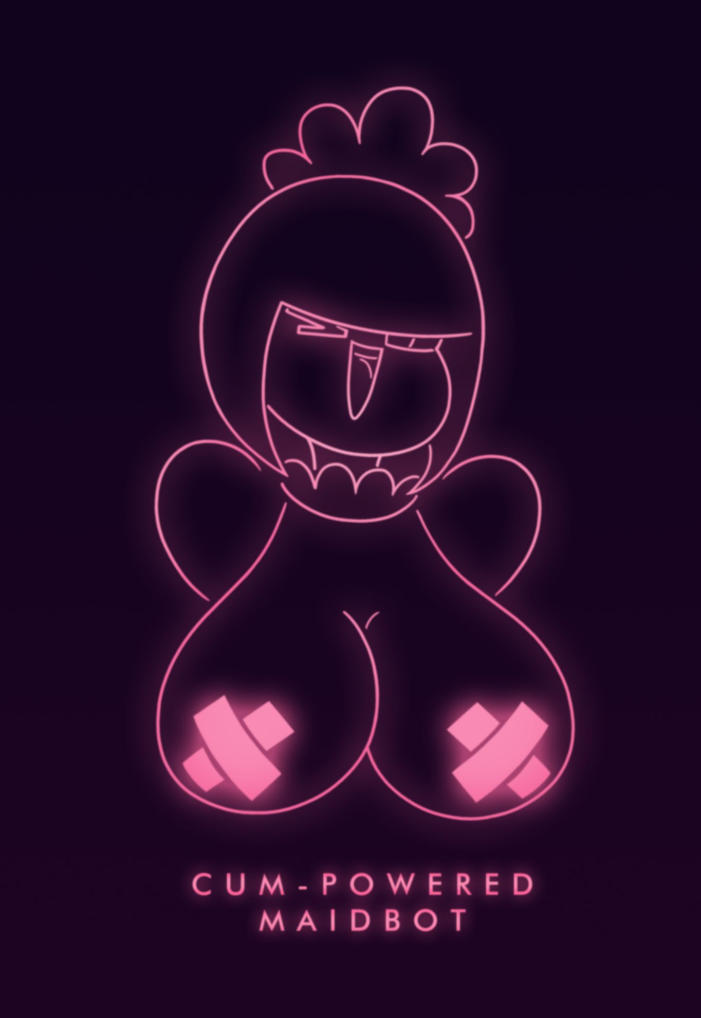 1girls, android, androjuniarto, big breasts, breasts, breasts out, busty, cleavage, clothing, covered nipples, duct tape, english text, exposed breasts, female, female only, full cleavage, fully clothed, highres, huge breasts, large breasts, maid, maid headdress, maidbot (androjuniarto), mob face, monochrome, neon, neon lights, one eye closed, open mouth, original, pasties, purple background, robot, robot girl, sexually suggestive, short hair, solo, teeth, text, tongue, upper body, voluptuous, wink, winking