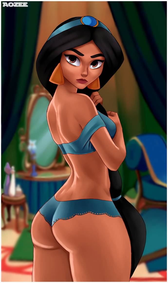 aladdin, aozee, arabian clothes, ass, brown eyes, curvaceous, curvy, dark hair, detailed background, disney, disney princess, earrings, female, harem outfit, hips, long hair, looking back, panties, princess jasmine, thick, thick thighs, wide hips