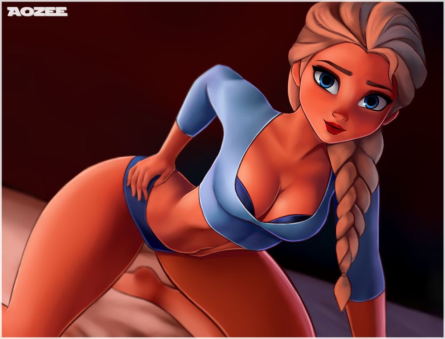 aozee, bed, blue eyes, breasts, cleavage, curvy, disney, elsa (frozen), female, female only, frozen (film), large breasts, looking at viewer, medium breasts, panties, thick, white hair, wide hips