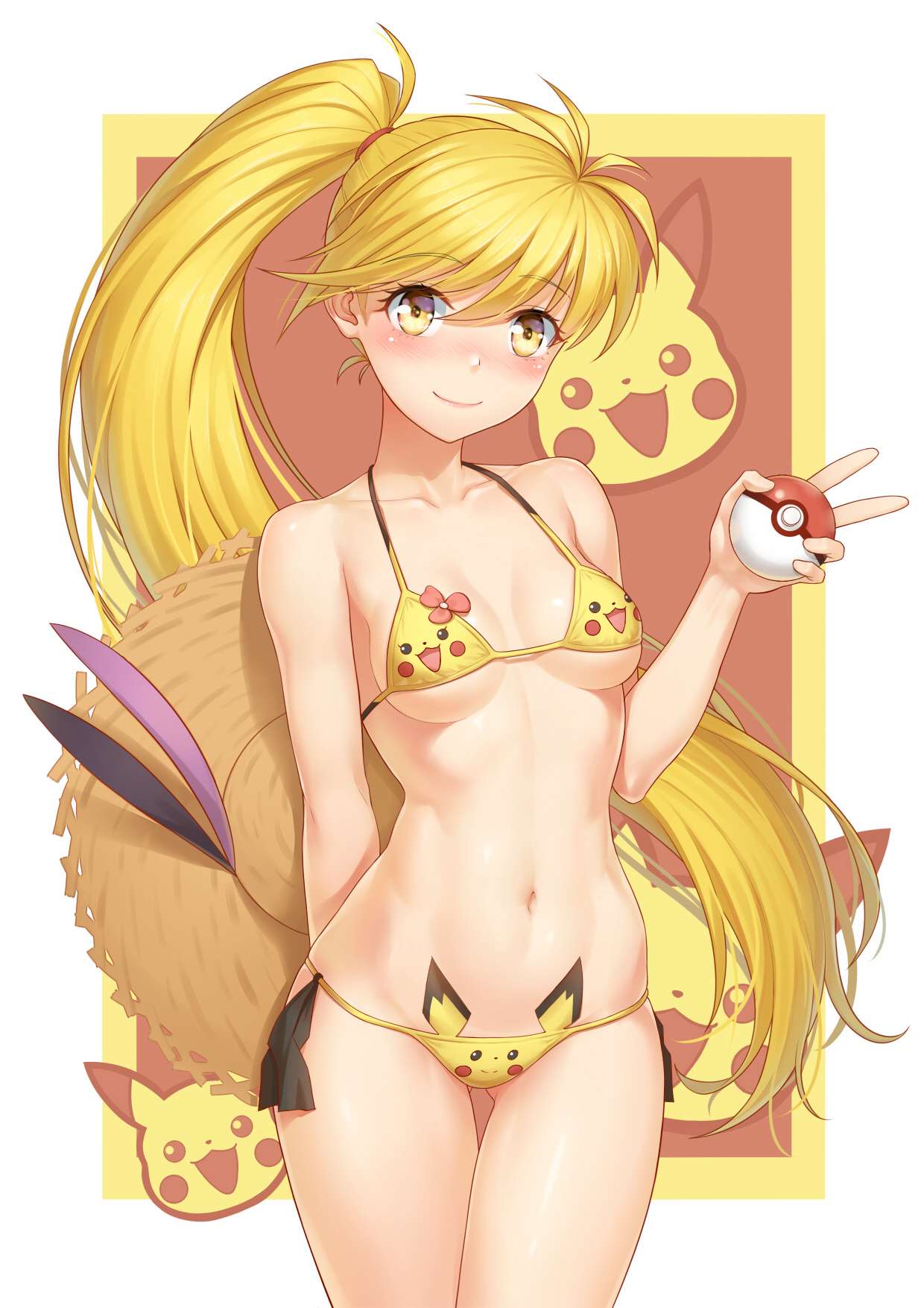 1girls, abs, alternate costume, alternate outfit, anarchojs, bikini, blonde hair, blush, breasts, eye contact, female, hat, long hair, looking at viewer, nintendo, pichu, pikachu, pokémon (species), pokeball, pokemon, pokemon (species), pokemon adventures, pokemon rgby, ponytail, small breasts, straw hat, thigh gap, underboob, wide hips, yellow (pokemon)