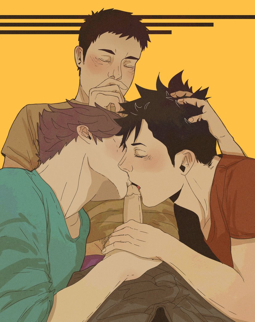 3boys closed_eyes clothed_sex gay haikyuu!! hand_on_head kissing_penis kuroo_tetsurou licking_penis male_only mightynyunyi oikawa_tooru_(haikyuu!!) oral penis penis_out sawamura_daichi threesome yaoi