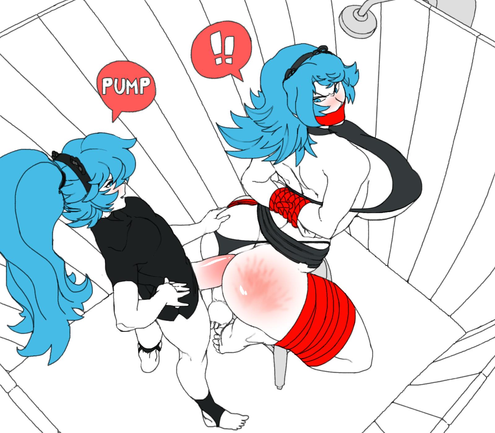 1boy, 1girls, arms behind back, ass, barefoot, big ass, big penis, blue hair, blush, bondage, breasts, clothed sex, dizzyspells, english text, female, female human, femboy, femboy on female, femboydom, femsub, flat colors, from above, gag, gagged, girly, hand on ass, hand on hip, huge breasts, huge cock, human, hung femboy, hung trap, long hair, male, male human, male/female, maledom, on chair, panties aside, penis, sitting, slap mark, spanked, speech bubble, standing, stirrup socks, taken from behind, tied hair