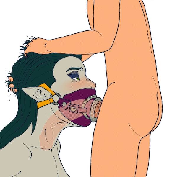 1boy, 1girls, 2019, big penis, blowjob, bondage, cross section, deepthroat, erection, fellatio, female, femsub, gag, gagged, green eyes, green hair, green skin, long penis, male, maledom, open mouth gag, penis, ring gag, sen-kg, x-ray