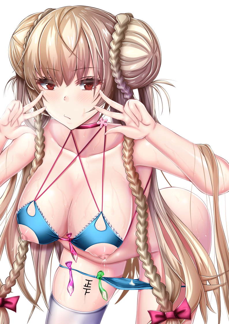 ahoge alternate_costume ass azur_lane bangs bikini bikini_bottom_pull blue_bikini blush braid breasts choker cleavage commentary_request condom cum cum_in_pussy double_bun double_w eyebrows_visible_through_hair female formidable_(azur_lane) formidable_(the_lady_of_the_beach)_(azur_lane) hands_up hanging_breasts lactation large_breasts leaning_forward long_hair looking_at_viewer moepush navel nipple_cutout nippleless_clothes red_eyes revision ribbon sidelocks single_thighhigh solo swimsuit thighhighs used_condom very_long_hair w