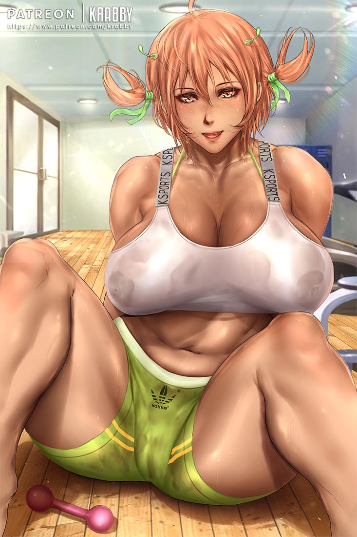 1girls, areolae, artist name, big breasts, bra, breasts, cameltoe, clothing, dumbbell, female, female only, fit, fit female, fitness, hair, krabby (artist), large breasts, nipples, original character, patreon, pussy, see-through, solo, sports bra, sweat, url, watermark