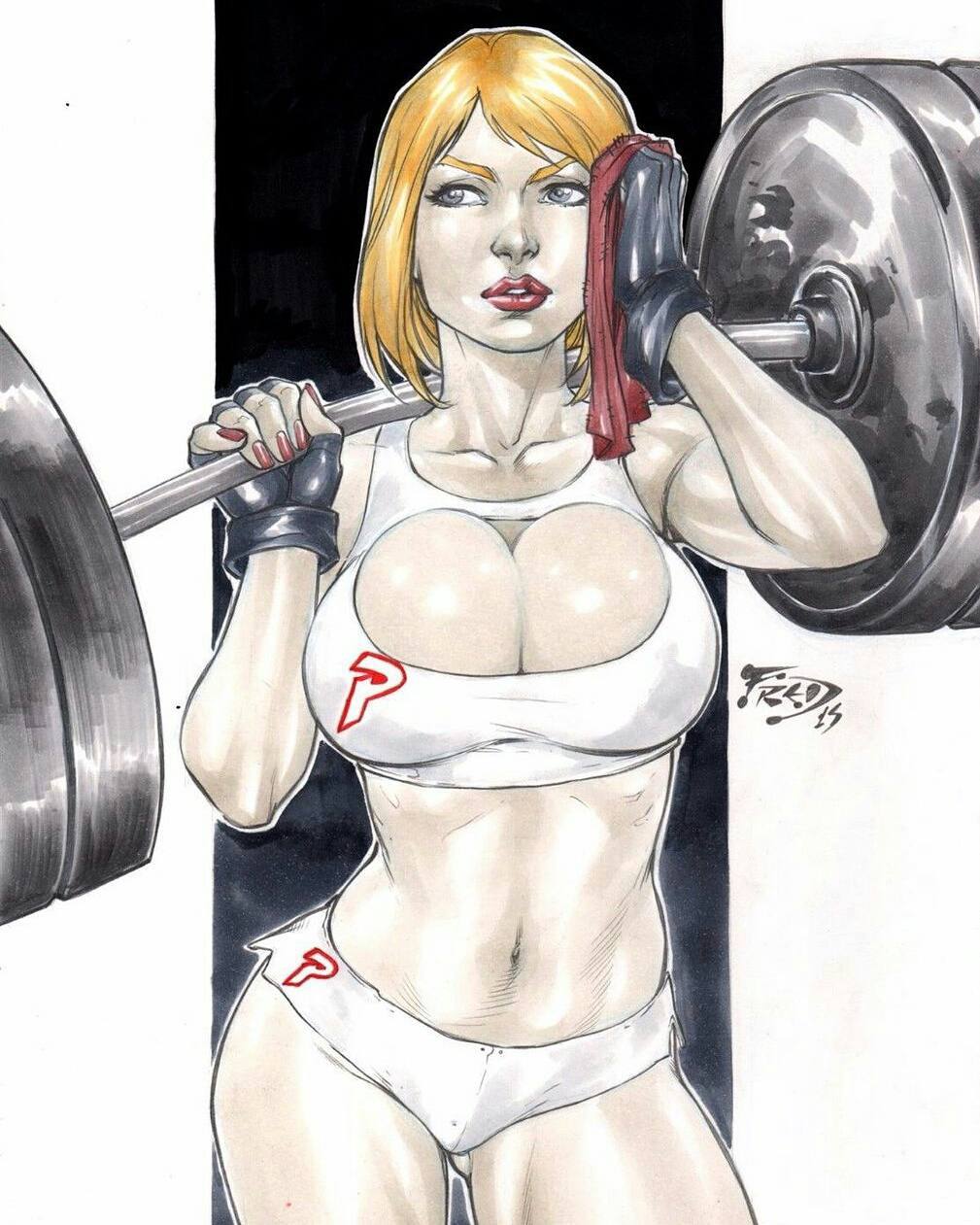 1girls 2015 big_breasts big_breasts black_gloves blonde_hair blue_eyes breasts busty cleavage cleavage_cutout dated dc dc_comics dumbbell ed_benes_studio eyeshadow female female_only fingerless_gloves fred_benes glare gloves gym justice_society_of_america karen_starr large_breasts lifting_weights lipstick looking_to_the_side makeup mascara nail_polish panties pinup power_girl red_lips red_lipstick red_nail_polish red_nails shirt short_hair short_shirt signature solo super_strength superheroine thighs towel weightlifting white_panties white_shirt wiping_face