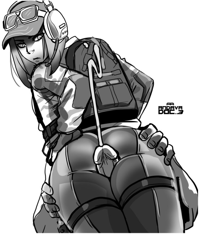 1boy, 1girls, andava, ass, assjob, buttjob, covered assjob, covered buttjob, cum, ejaculation, ela (rainbow six), female, leggings, male, penis, rainbow six, rainbow six siege, thigh sex, thighs, tom clancy, unseen male face