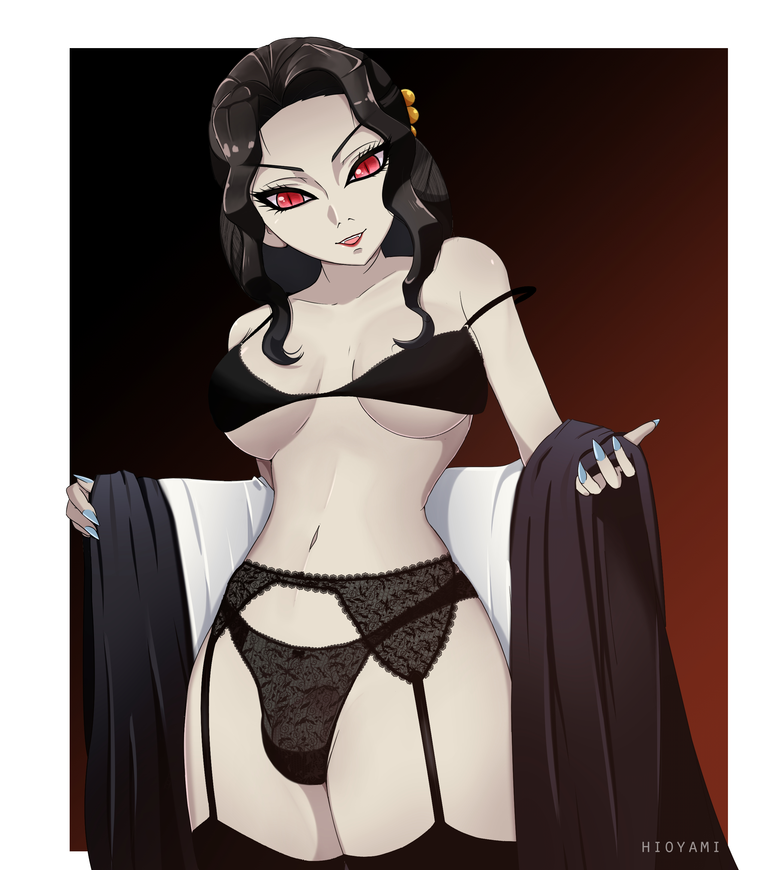 1futa, balls, balls bulge, balls in panties, black bra, black hair, black legwear, black panties, bra, breasts, bulge, canon genderswap, cleavage, curvy, demon, demon slayer, demoness, fangs, female, female muzan, futa only, futanari, garter belt, genderswap, genderswap (mtf), hioyami, humanoid, intersex, kimetsu no yaiba, lace panties, large breasts, looking at viewer, milf, muzan kibutsuji, nail polish, oppai, panties, panty bulge, penis, penis bulge, penis in panties, penis under clothes, red eyes, rule 63, sharp fingernails, slit pupils, solo, stockings, thighhighs