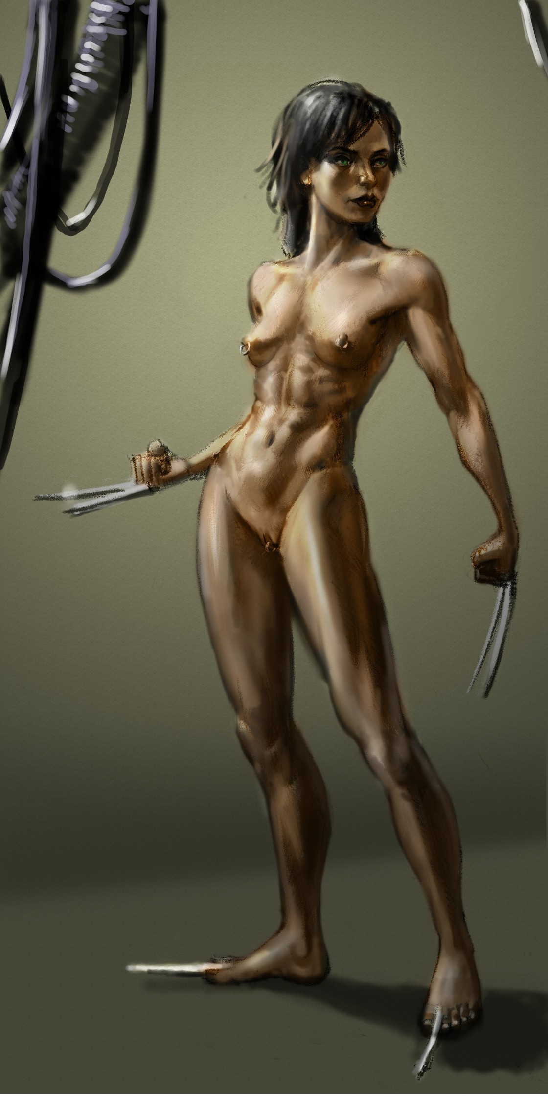 black hair, blade, breasts, female, fighting stance, fist, full body, laura kinney, marvel, marvel comics, muscular, muscular female, nude, pistaccio, pussy, realistic, simple background, small breasts, standing, x-23, x-men