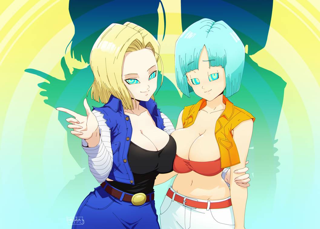 2girls alternate_version_available android_18 big_breasts bimbo blonde_hair blue_hair bob_cut breasts bulma_briefs bulma_briefs_(androids'_saga) busty cleavage dragon_ball dragon_ball_z hypnosis kaa_eyes liesday mind_control multiple_girls voluptuous yuri