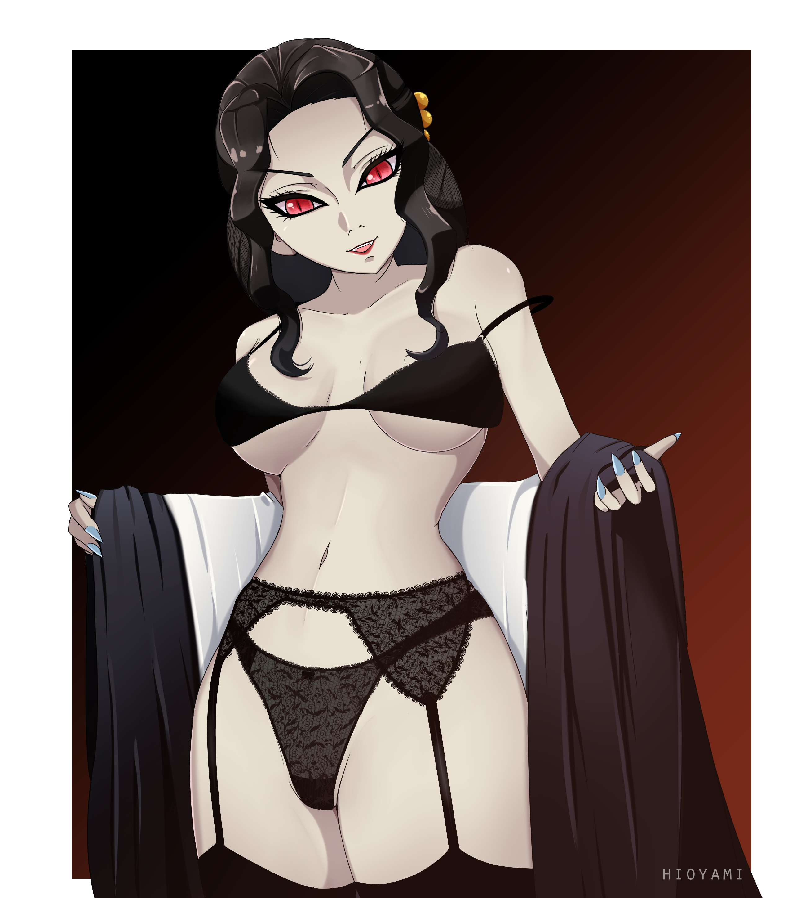 black bra, black hair, black legwear, black panties, bra, canon genderswap, demon slayer, fangs, fem-muzan, female, female muzan, female only, garter belt, genderswap, genderswap (mtf), hioyami, kimetsu no yaiba, lace panties, lingerie, looking at viewer, milf, muzan kibutsuji, nail polish, oppai, panties, red eyes, rule 63, sharp fingernails, slit pupils, solo, stockings