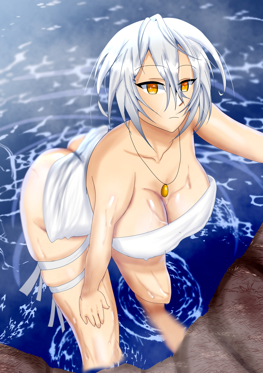1girls, ass, breasts, code vein, female, female only, hot spring, io (code vein), large breasts, looking at viewer, phoenix (artist), skindentation, towel, wet