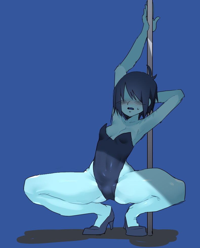 1girls blue_skin clothed deltarune female female_human high_heels human kris_(dark_world_form) kris_(deltarune) pole_dancing ss_komu stripper_pole tagme