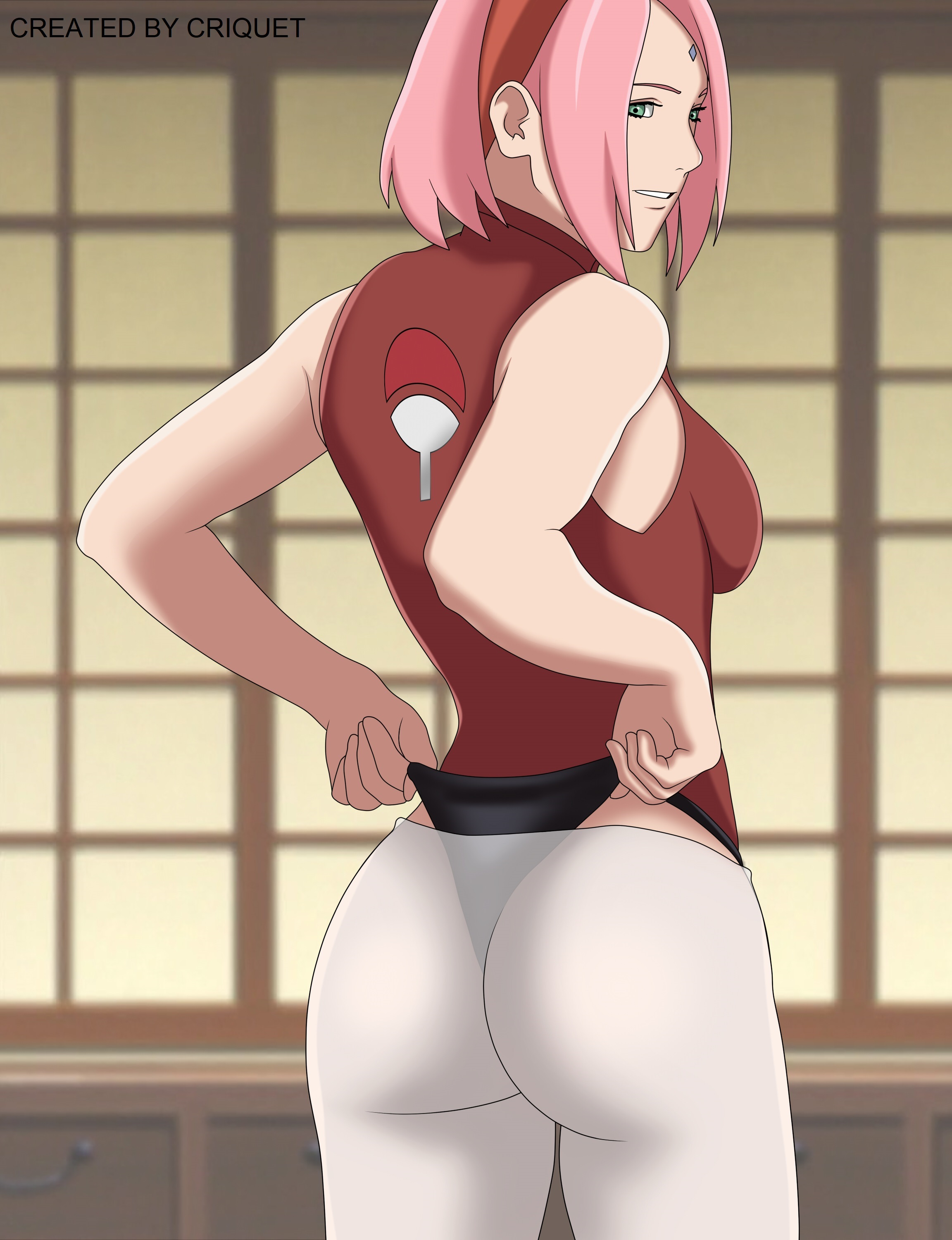 1girls, ass, big ass, boruto: naruto next generations, breasts, bubble ass, bubble butt, clothed, clothed female, criquet, eye contact, female, female only, fully clothed, green eyes, hairband, hot pants, human, looking at viewer, looking back, medium breasts, milf, naruto, naruto (series), panties, panty pull, pantyhose, pink hair, pose, sakura haruno, see-through, shirt, short hair, sideboob, smile, solo, source request, standing, text, thick thighs, thigh gap, thong, transparent, transparent clothing, watermark, white legwear, white pantyhose, white skin, wide hips