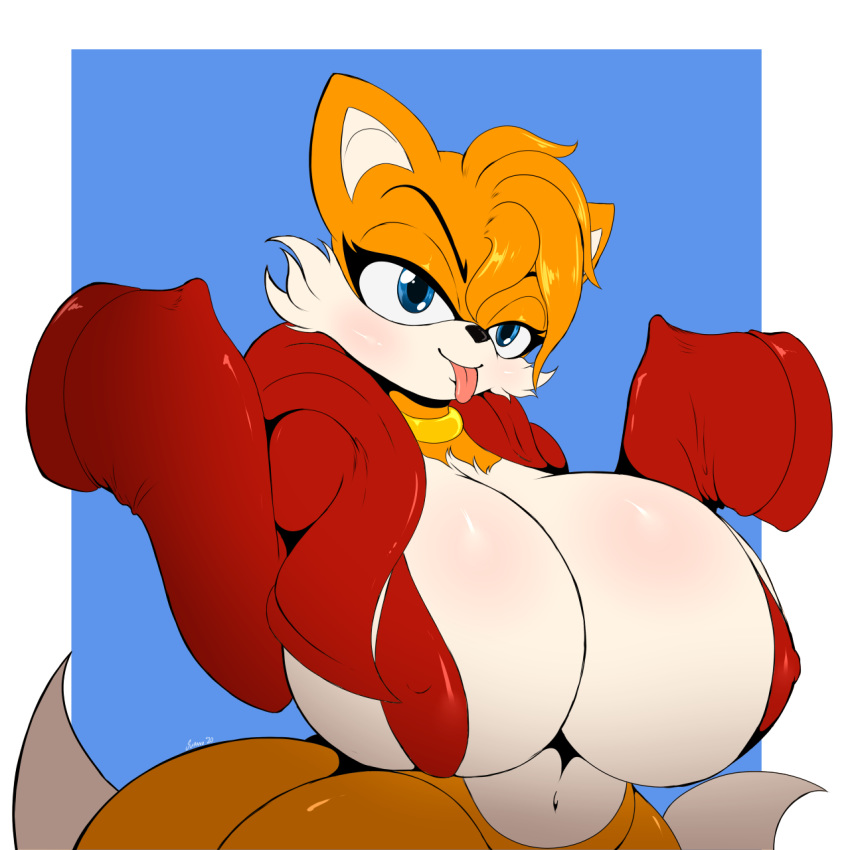 1:1, 2020, anthro, big breasts, black nose, blep, blue eyes, breasts, canid, canine, clothing, digital media (artwork), eyebrows, female, fox, genderswap, genderswap (mtf), head tuft, hi res, huge breasts, looking at viewer, mammal, miles prower, miles tails prower, mtf crossgender, navel, rule 63, sega, simple background, solo, sonic (series), sonic the hedgehog (series), suirano, tailsko, tongue, tongue out, tuft