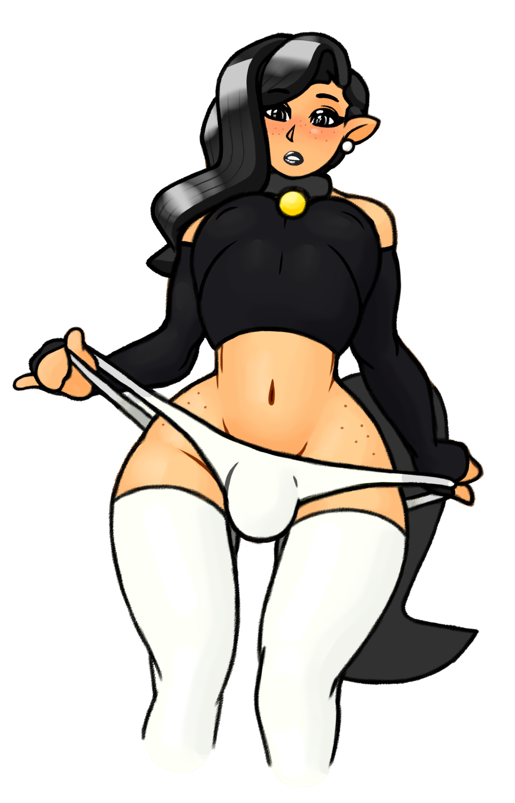 1boy, 2018, alternate version available, androgynous, animal humanoid, ashley (onkenyo), balls, balls in panties, black hair, blush, bulge, clothed, collar, crossdressing, earrings, equine humanoid, eyeshadow, femboy, freckles, girly, goth, lipstick, long hair, makeup, male, male only, navel, nipple bulge, onkenyo, panties, panty bulge, penis, penis in panties, solo, tail, thigh gap, thighhighs, trap, wide hips
