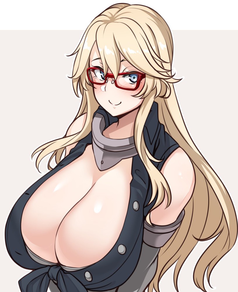 blonde hair, blue eyes, breasts, cleavage, female, glasses, huge breasts, iowa (kantai collection), kantai collection, long hair, ryuun (stiil)